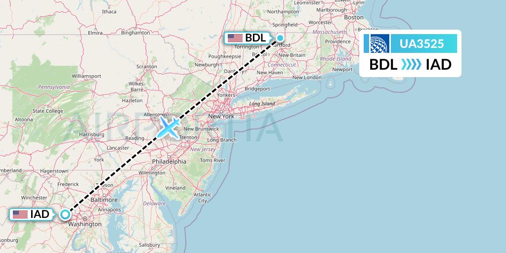 UA3525 United Airlines Flight Map: Windsor Locks to Washington