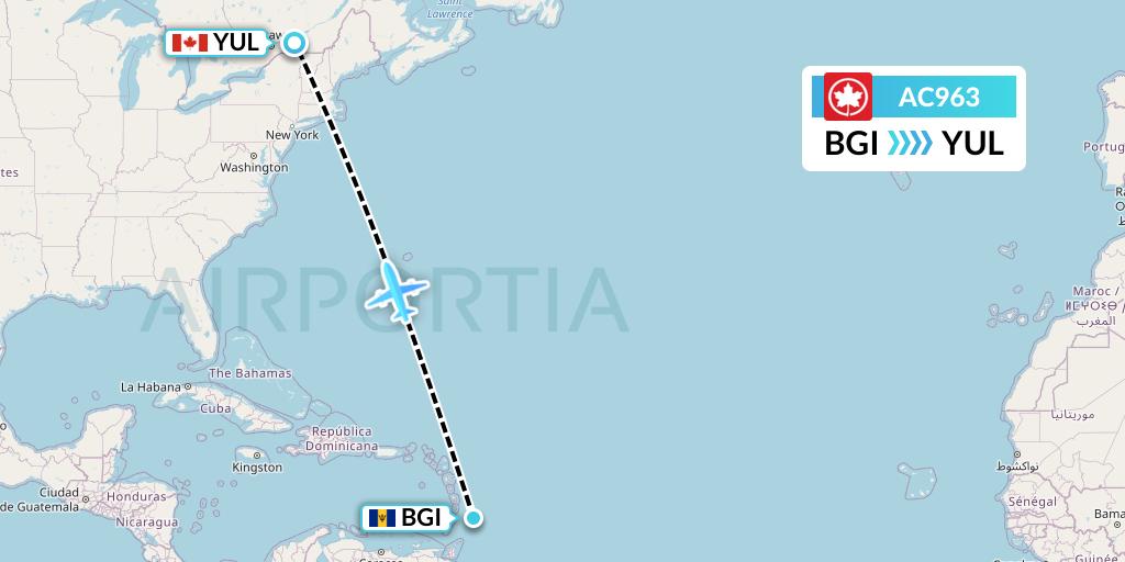 AC963 Air Canada Flight Map: Bridgetown to Montreal