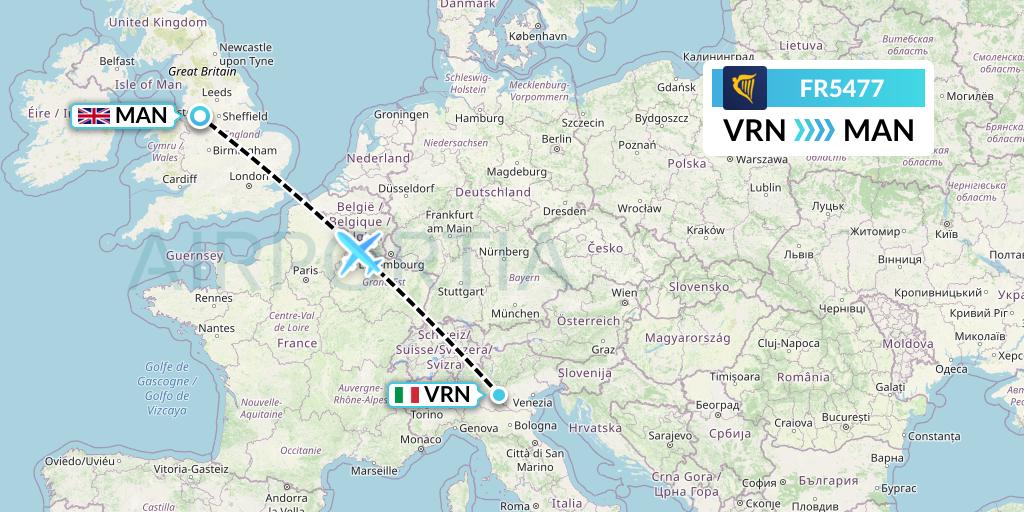 FR5477 Ryanair Flight Map: Verona to Manchester