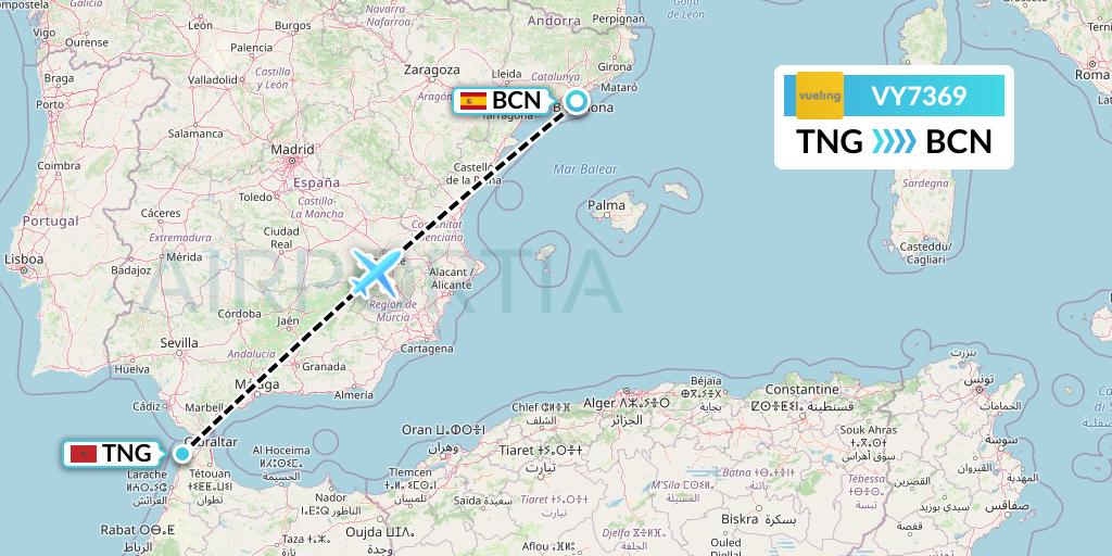 VY7369 Vueling Flight Map: Tangier to Barcelona