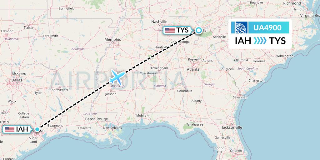 UA4900 United Airlines Flight Map: Houston to Knoxville