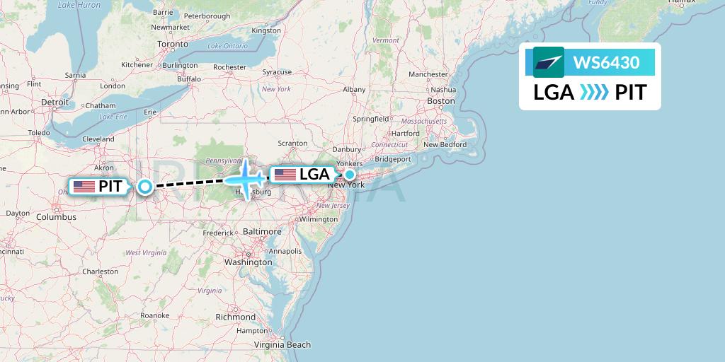 WS6430 WestJet Flight Map: New York to Pittsburgh