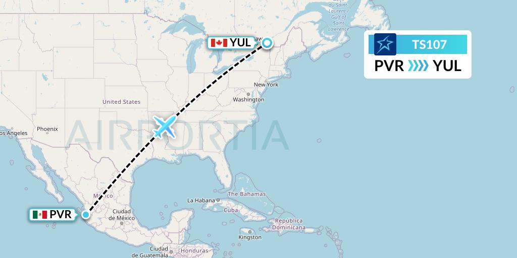 TS107 Air Transat Flight Map: Puerto Vallarta to Montreal