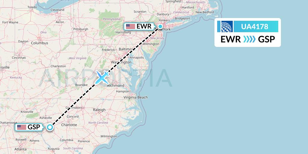 UA4178 United Airlines Flight Map: New York to Greenville-Spartanburg