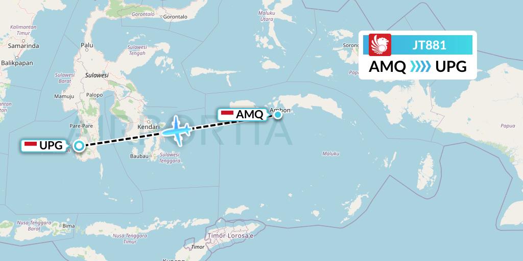 JT881 Lion Airlines Flight Map: Ambon to Makassar