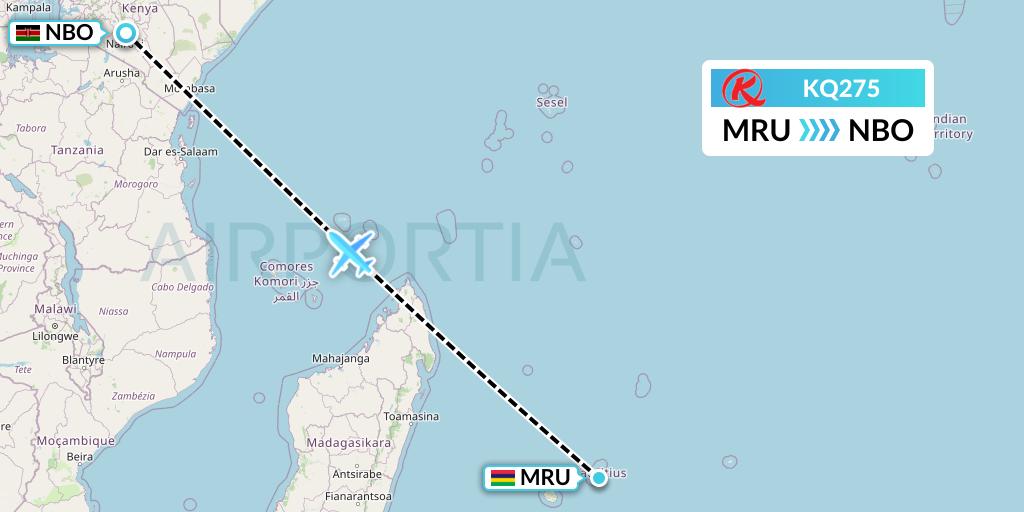 KQ275 Kenya Airways Flight Map: Port Louis to Nairobi