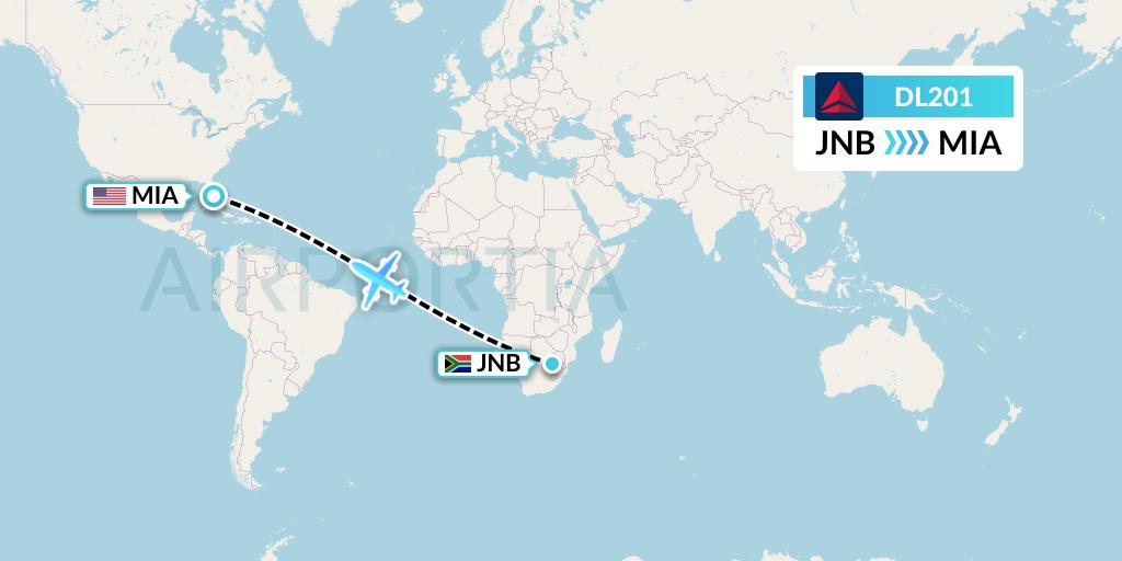 DL201 Delta Air Lines Flight Map: Johannesburg to Miami