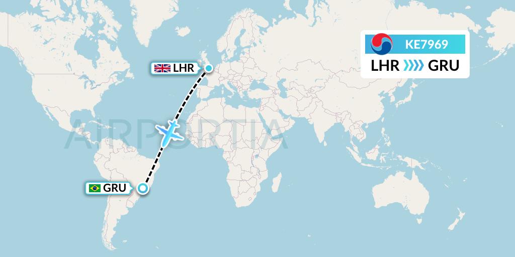KE7969 Korean Air Flight Map: London to Sao Paulo