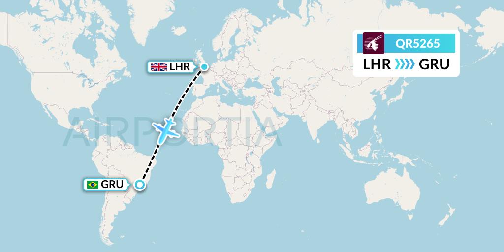 QR5265 Qatar Airways Flight Map: London to Sao Paulo