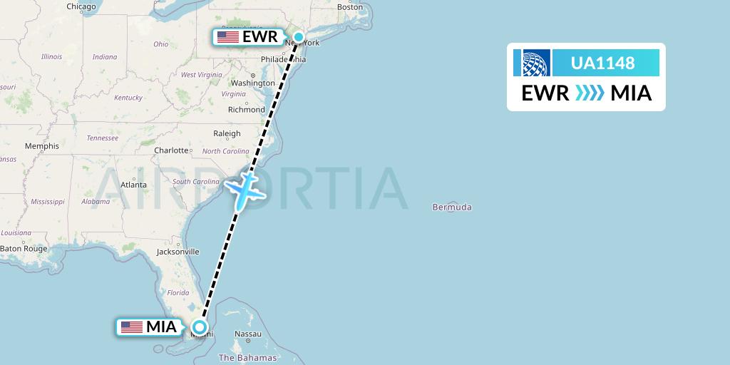 UA1148 United Airlines Flight Map: New York to Miami
