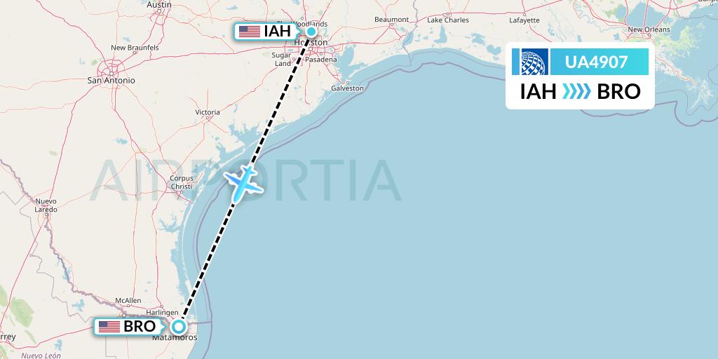 UA4907 United Airlines Flight Map: Houston to Brownsville