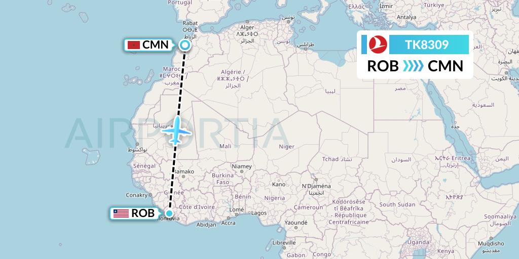 TK8309 Turkish Airlines Flight Map: Monrovia to Casablanca