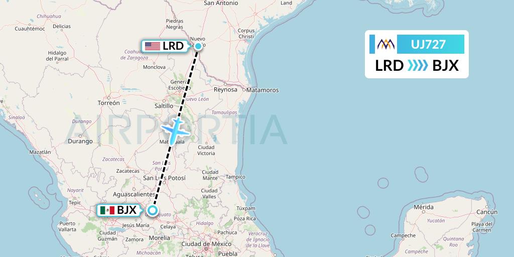 UJ727 AlMasria Universal Airlines Flight Map: Laredo to Silao