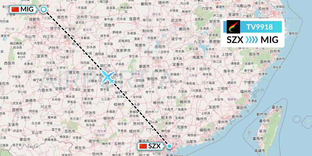 TV9918 Tibet Airlines Flight Map: Shenzhen to Mianyang