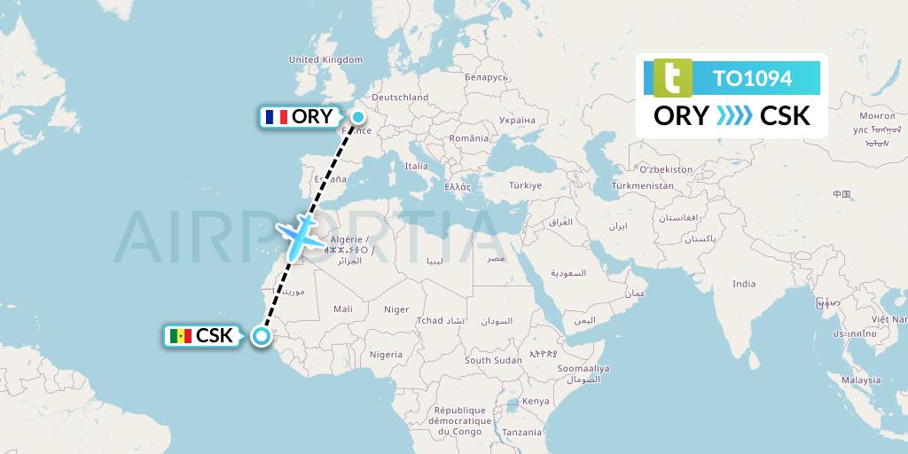 TO1094 Transavia France Flight Map: Paris to Cap Skirring