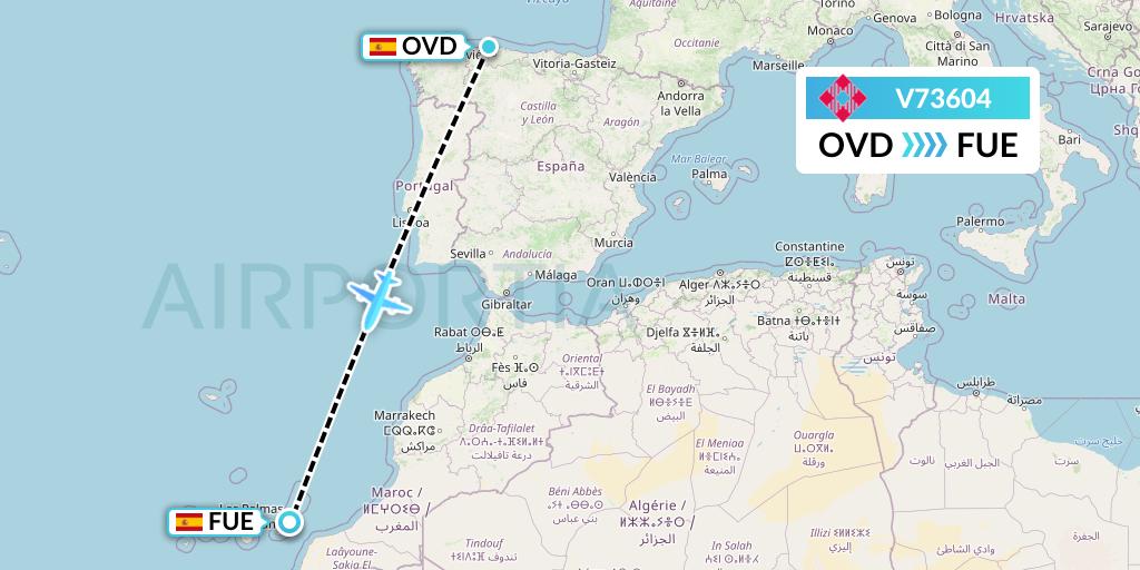V73604 Volotea Flight Map: Asturias to Fuerteventura