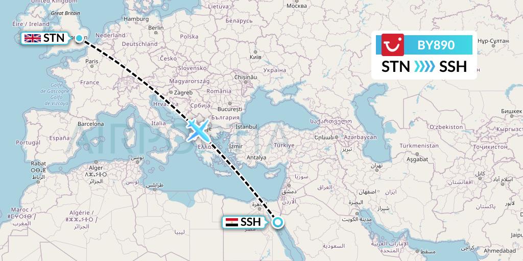 BY890 TUI Airways Flight Map: London to Sharm el-Sheikh