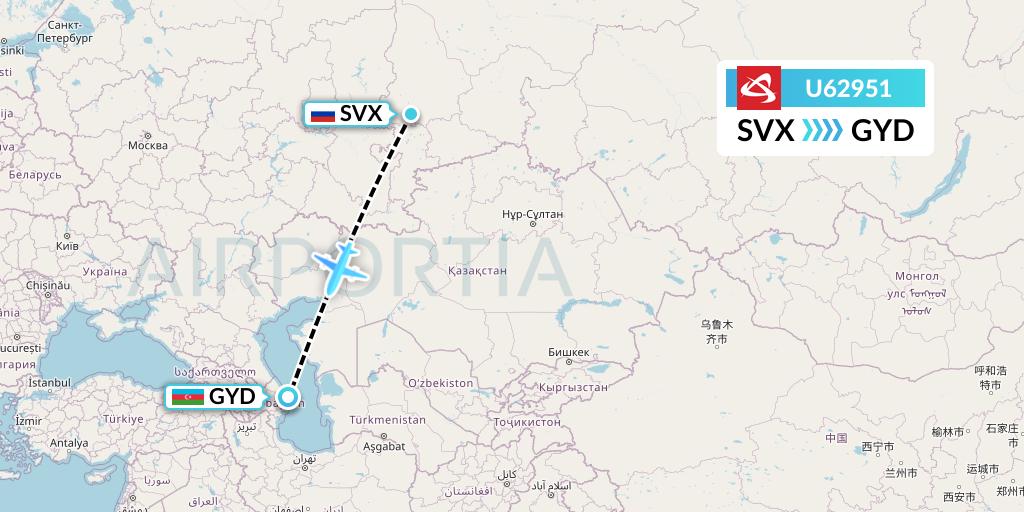 U62951 Ural Airlines Flight Map: Yekaterinburg to Baku