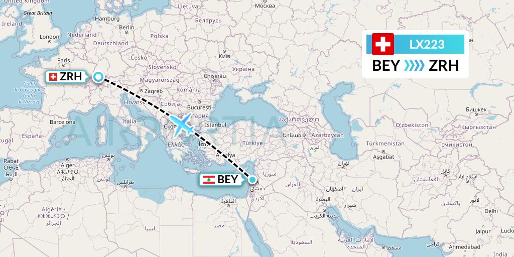 LX223 Swiss Flight Map: Beirut to Zurich