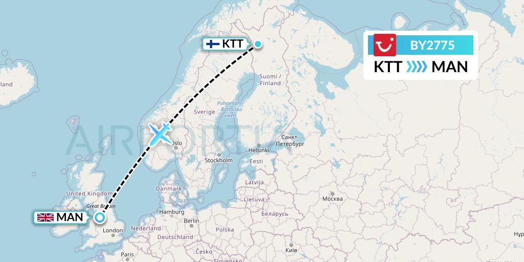BY2775 TUI Airways Flight Map: Kittila to Manchester