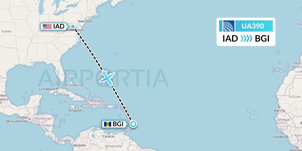 UA390 United Airlines Flight Map: Washington to Bridgetown