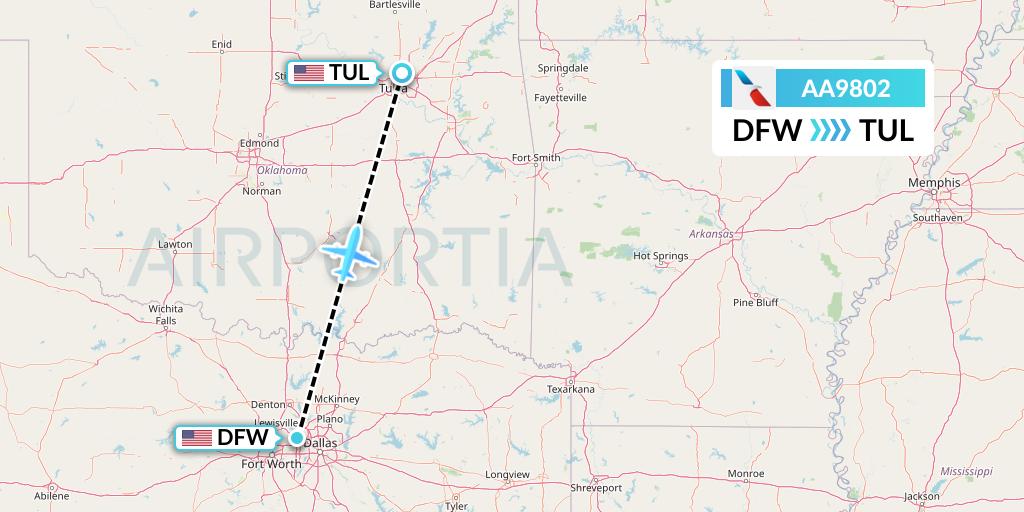 AA9802 American Airlines Flight Map: Dallas to Tulsa