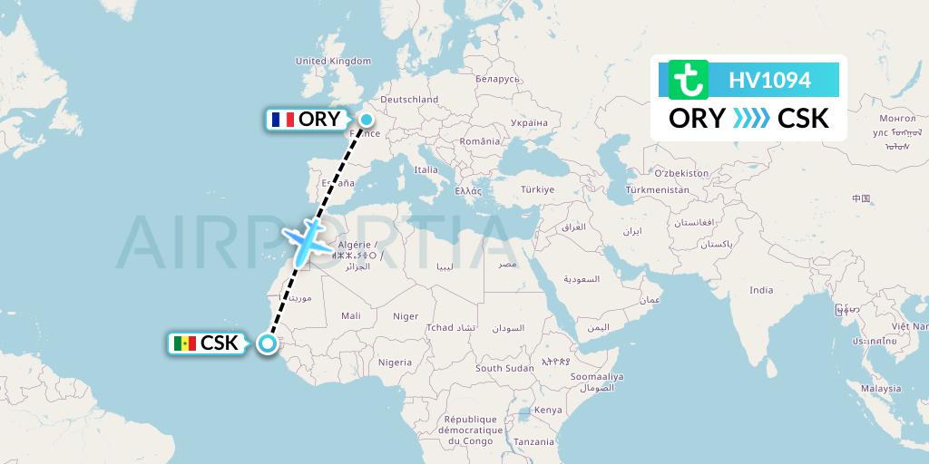 HV1094 Transavia Flight Map: Paris to Cap Skirring
