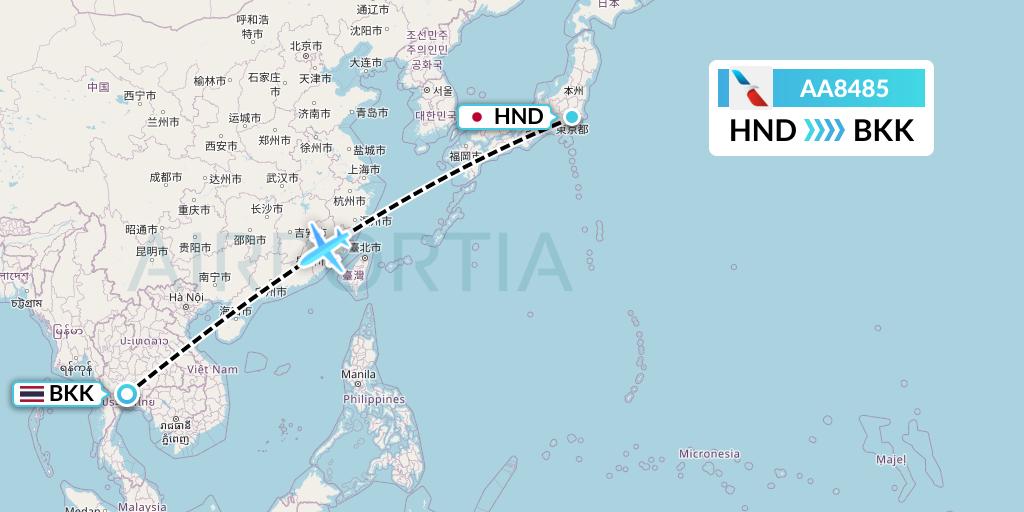 AA8485 American Airlines Flight Map: Tokyo to Bangkok