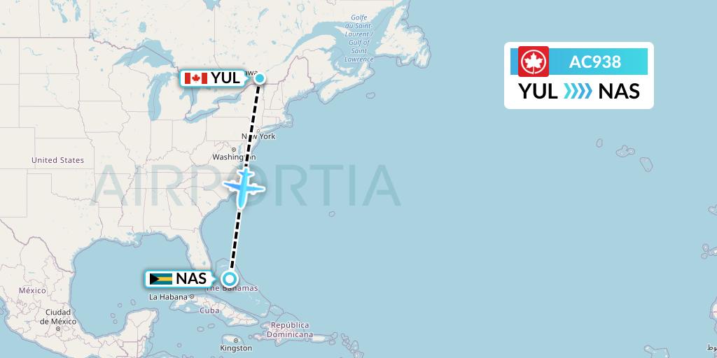 AC938 Air Canada Flight Map: Montreal to Nassau