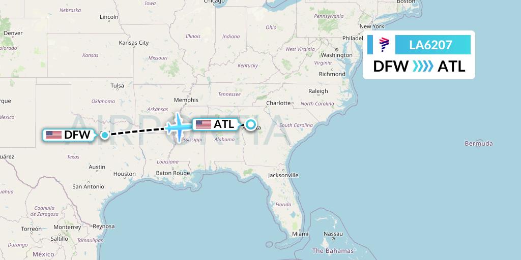 LA6207 LAN Airlines Flight Map: Dallas to Atlanta
