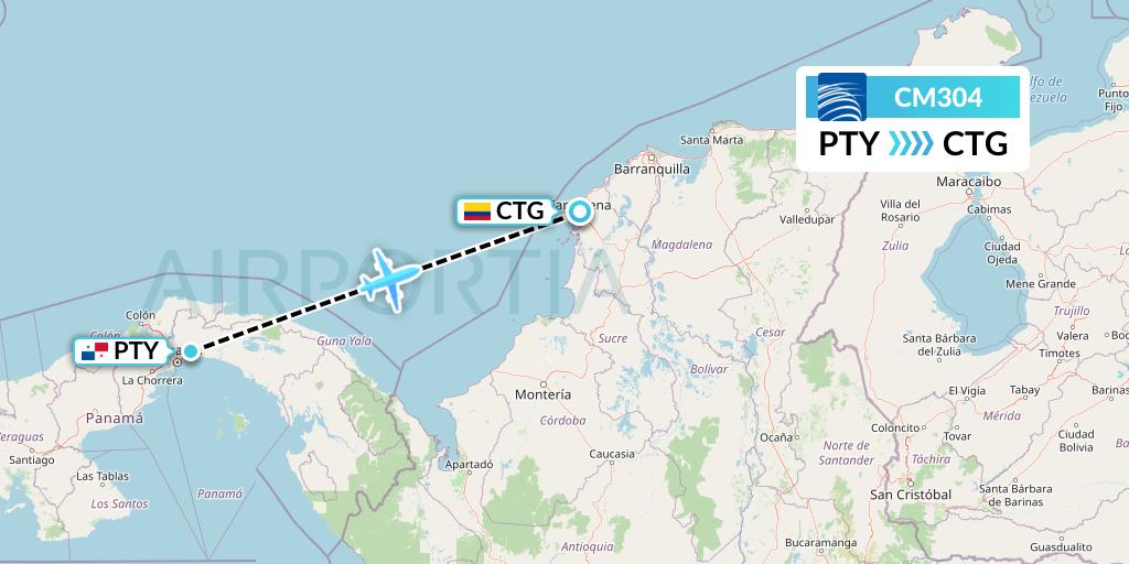 CM304 Copa Airlines Flight Map: Panama City to Cartagena