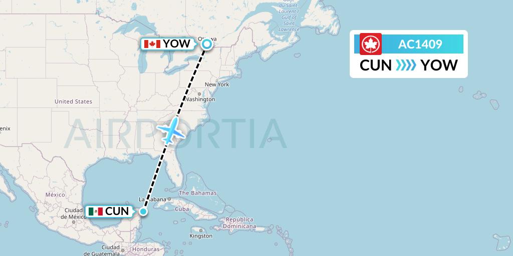 AC1409 Air Canada Flight Map: Cancun to Ottawa