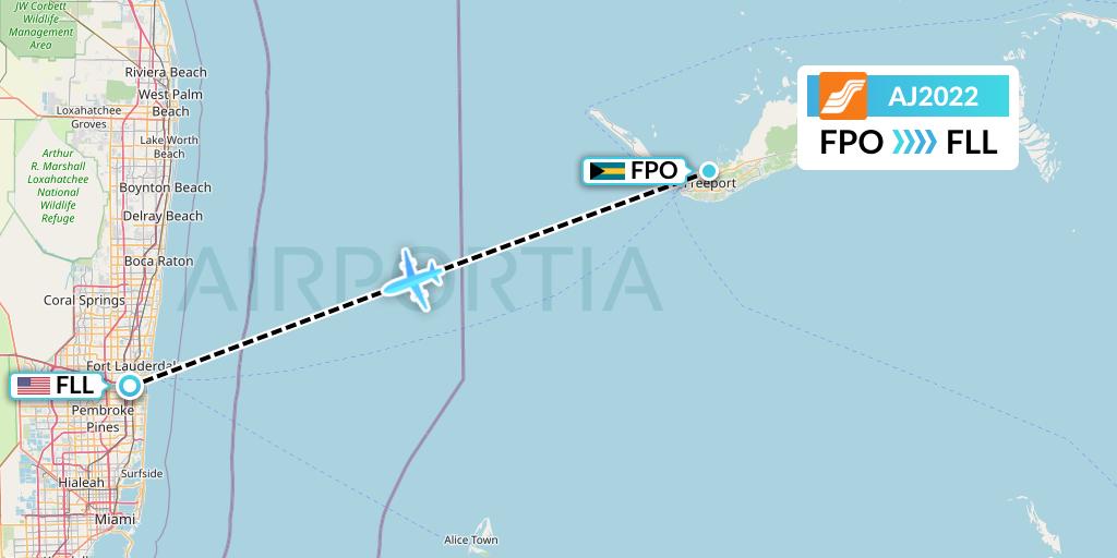 AJ2022 Aztec Airways Flight Map: Freeport to Fort Lauderdale