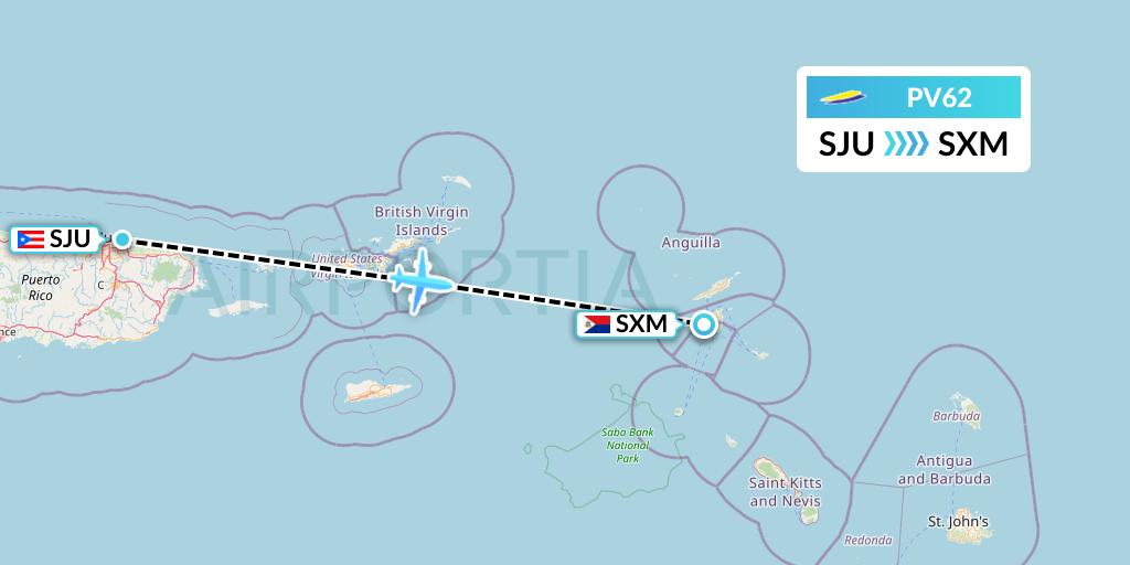 PV62 St. Barth Commuter Flight Map: San Juan to Sint Maarten