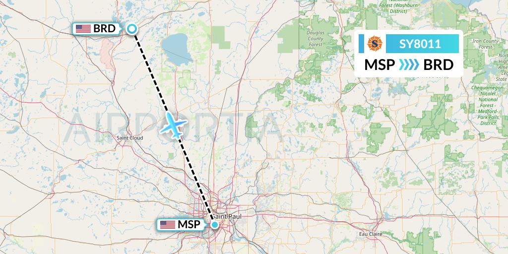 SY8011 Sun Country Airlines Flight Map: Minneapolis to Brainerd