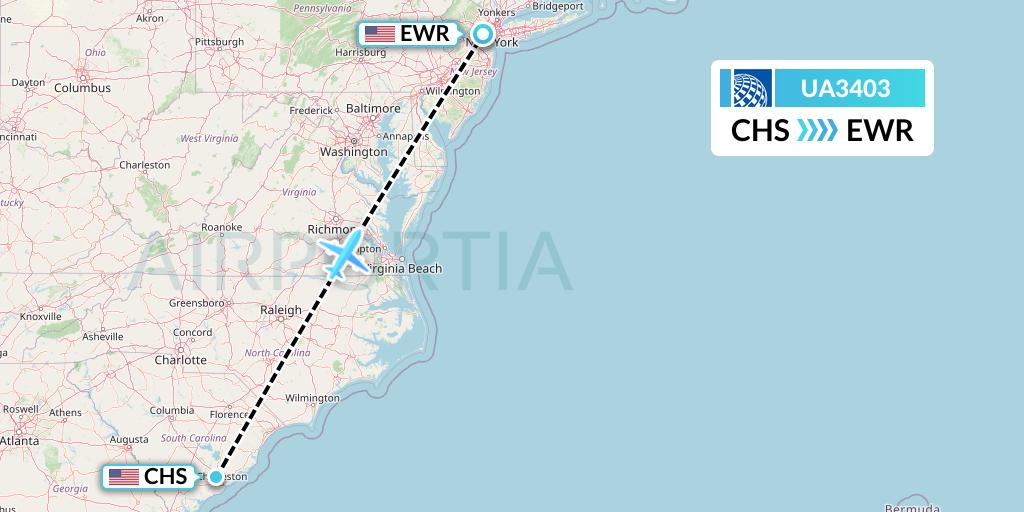 UA3403 United Airlines Flight Map: Charleston to New York