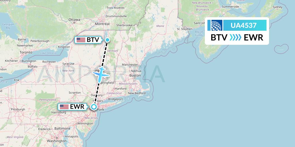 UA4537 United Airlines Flight Map: Burlington to New York