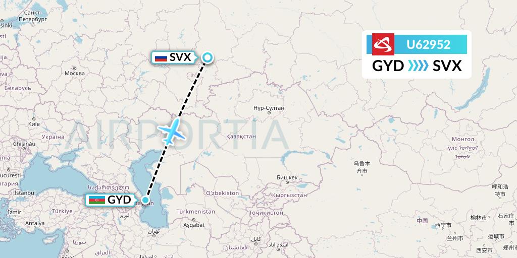 U62952 Ural Airlines Flight Map: Baku to Yekaterinburg