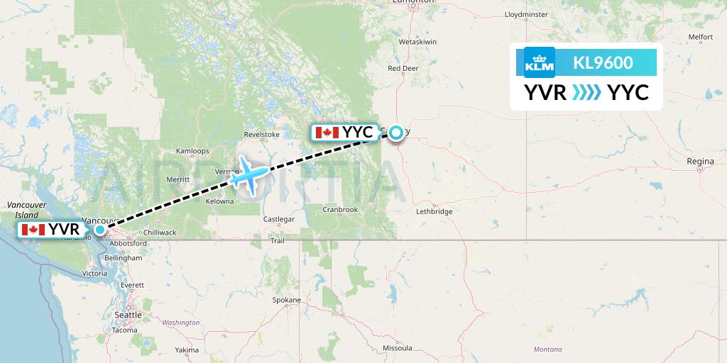 KL9600 KLM Flight Map: Vancouver to Calgary
