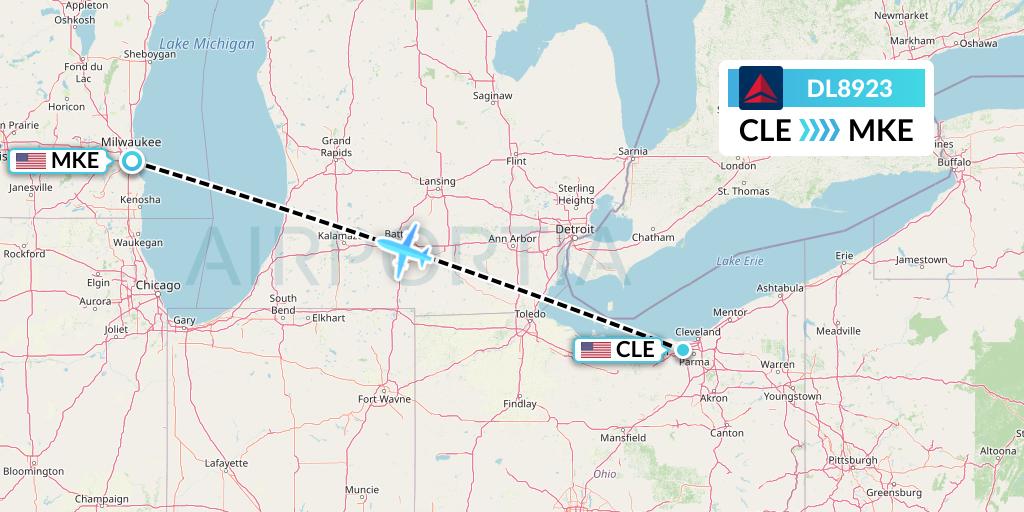 DL8923 Delta Air Lines Flight Map: Cleveland to Milwaukee
