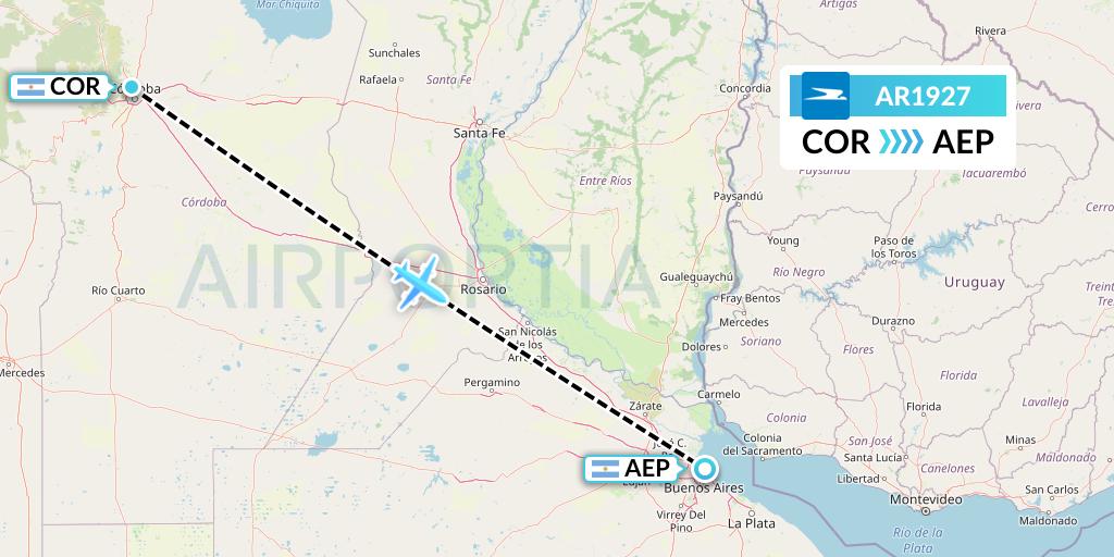 AR1927 Aerolineas Argentinas Flight Map: Cordoba to Buenos Aires