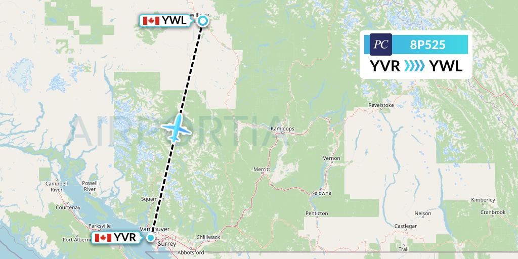 8P525 Pacific Coastal Airlines Flight Map: Vancouver to Williams Lake