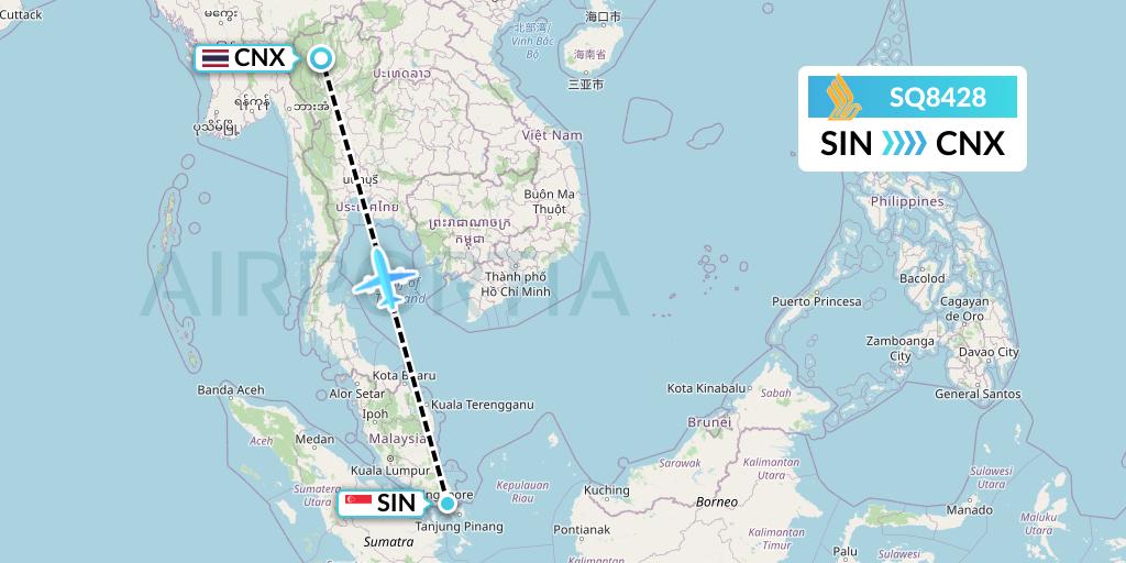 SQ8428 Singapore Airlines Flight Map: Singapore to Chiang Mai