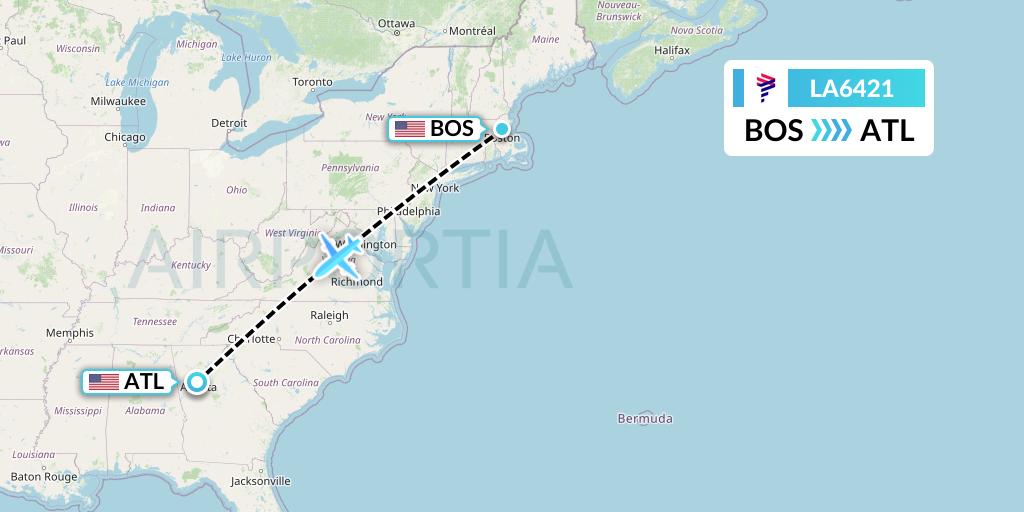 LA6421 LAN Airlines Flight Map: Boston to Atlanta