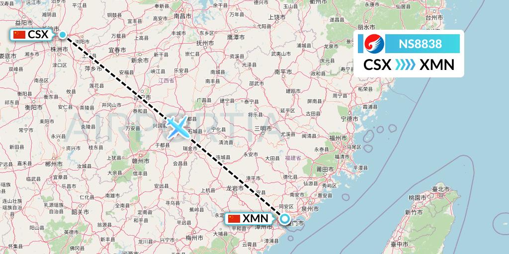 NS8838 Hebei Airlines Flight Map: Changsha to Xiamen