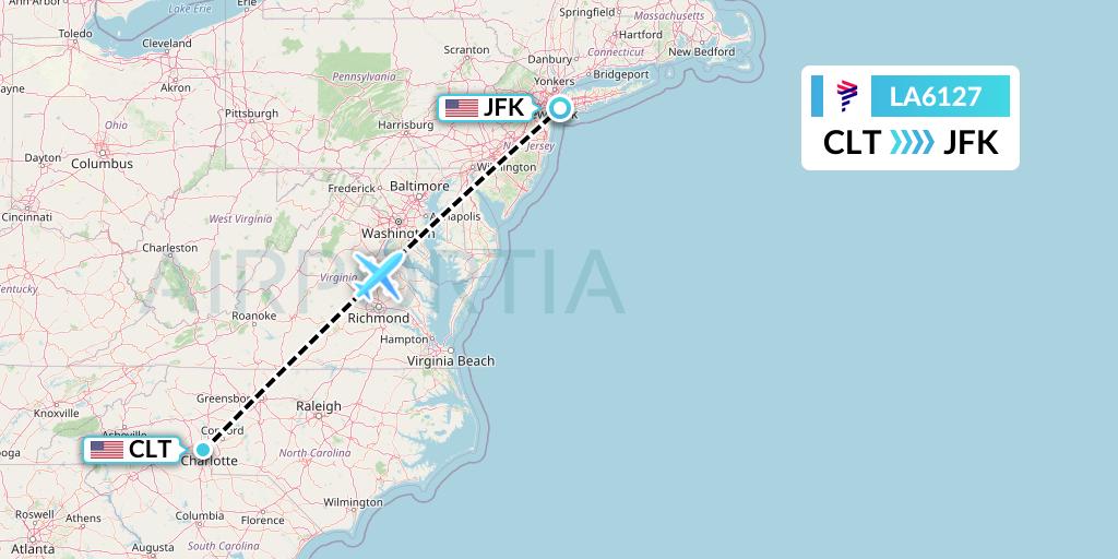 LA6127 LAN Airlines Flight Map: Charlotte to New York