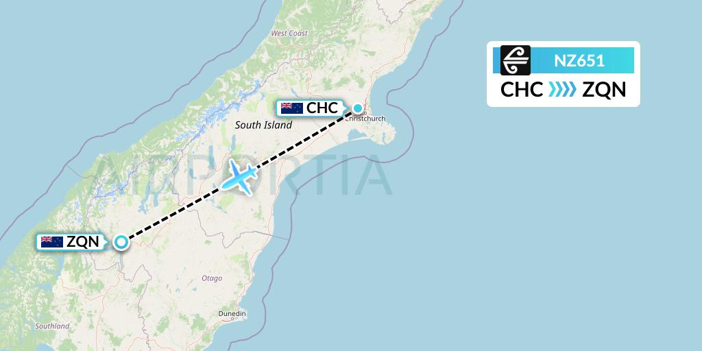 NZ651 Air New Zealand Flight Map: Christchurch to Queenstown