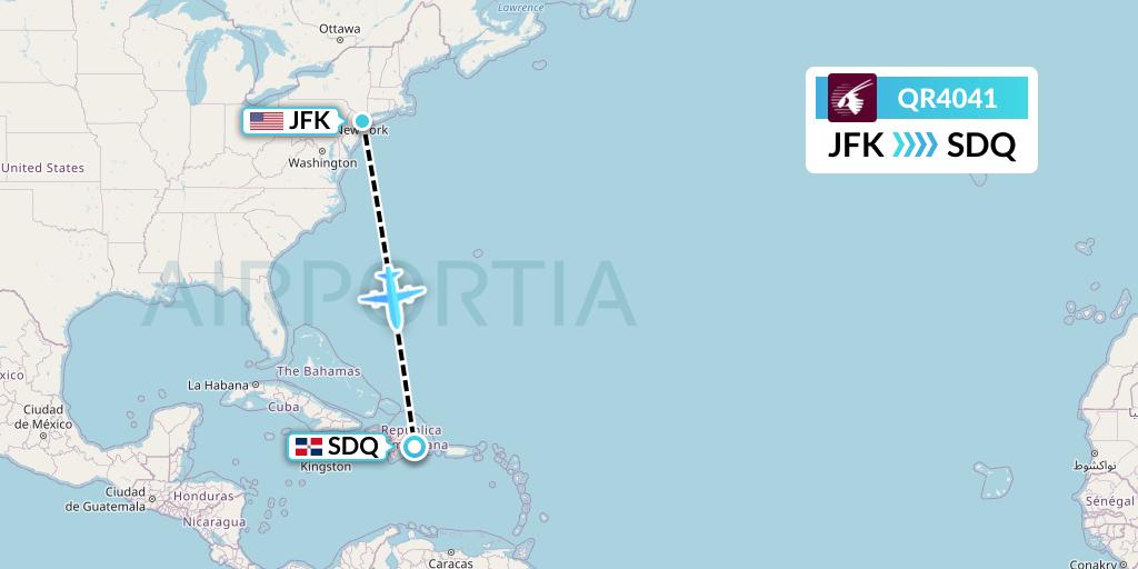 QR4041 Qatar Airways Flight Map: New York to Santo Domingo
