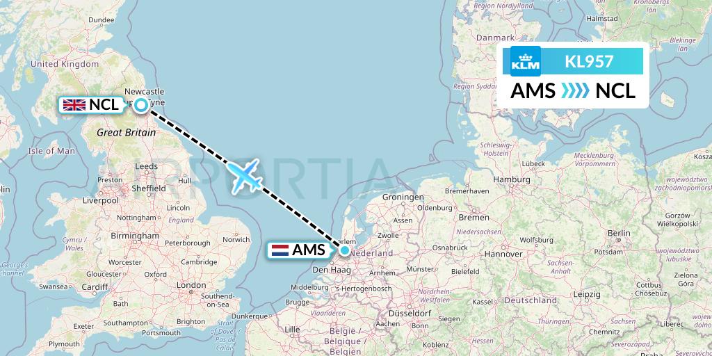 KL957 KLM Flight Map: Amsterdam to Newcastle