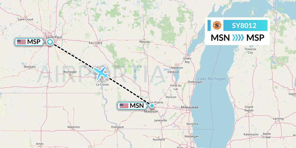 SY8012 Sun Country Airlines Flight Map: Madison to Minneapolis